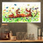 ” Happy Brown Dog With Flowers And Butterfly ” Painting Print - Chic Decora