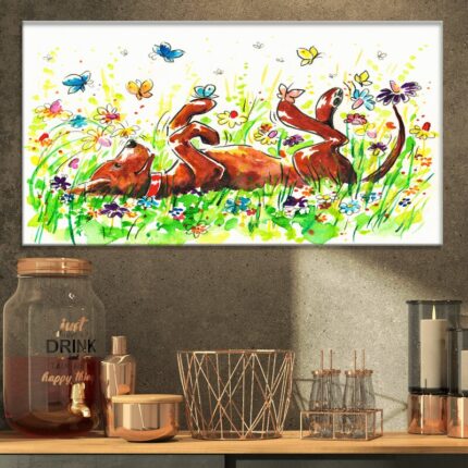 ” Happy Brown Dog With Flowers And Butterfly ” Painting Print - Chic Decora