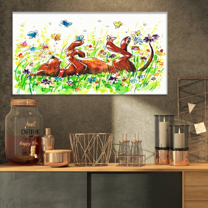 ” Happy Brown Dog With Flowers And Butterfly ” Painting Print - Chic Decora