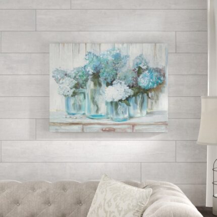 ” Hydrangeas In Glass Jars Blue ” by Carol Rowan Painting Print - Chic Decora