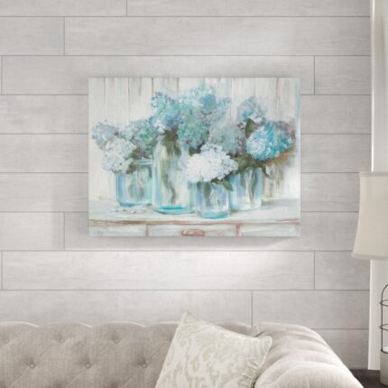 ” Hydrangeas In Glass Jars Blue ” by Carol Rowan Painting Print - Chic Decora