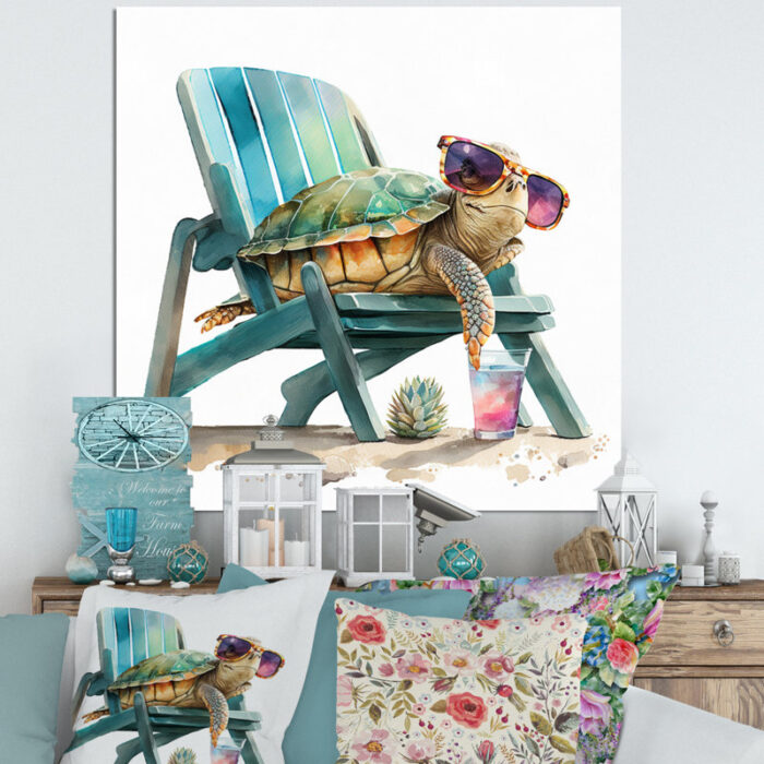 ” Turtle Laying On A Beach Chair With Sunglasses I ” Painting Print - Chic Decora