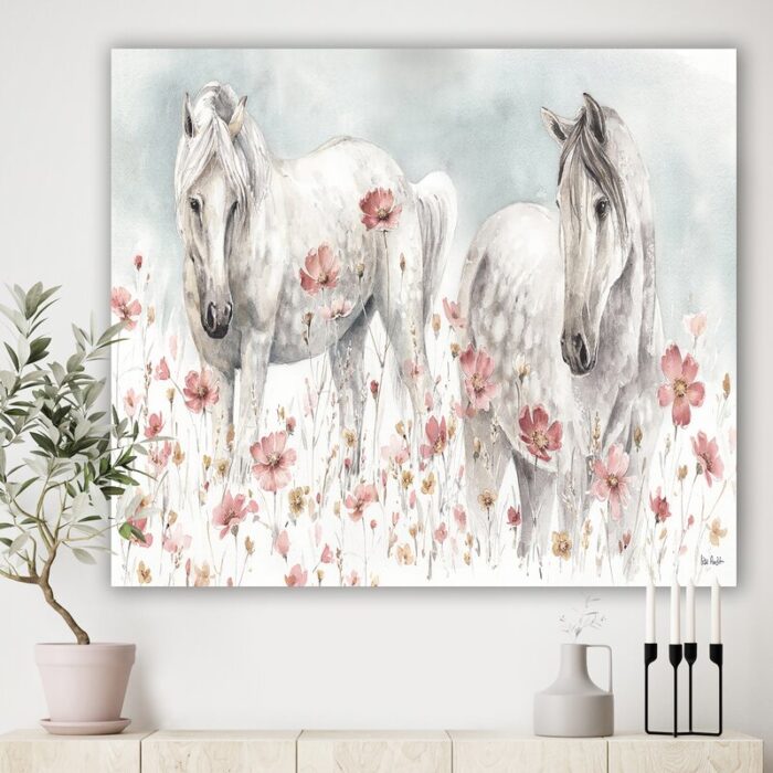 ” Watercolors Pink Wild Horses ” Painting Print - Chic Decora