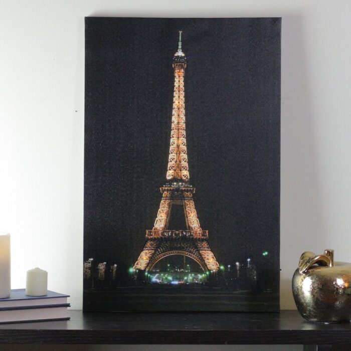 23.5″ LED Lighted Famous Eiffel Tower Paris France at Night Canvas Wall Art - Chic Decora