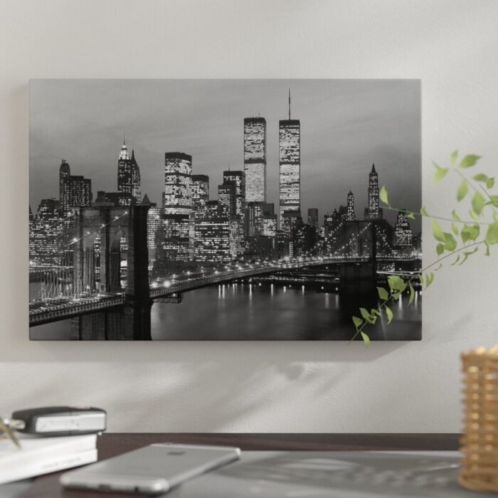 1980s New York City Lower Manhattan Skyline Brooklyn Bridge World Trade Center’ – Wrapped Canvas Photograph Print - Chic Decora