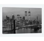 1980s New York City Lower Manhattan Skyline Brooklyn Bridge World Trade Center’ – Wrapped Canvas Photograph Print - Chic Decora