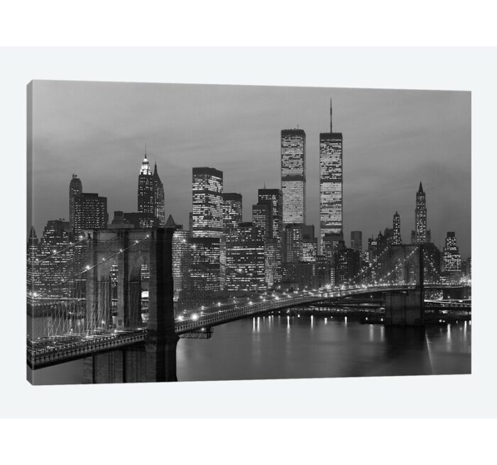 1980s New York City Lower Manhattan Skyline Brooklyn Bridge World Trade Center’ – Wrapped Canvas Photograph Print - Chic Decora