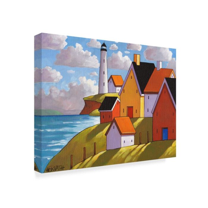 Lighthouse Cottage Hillside View’ Acrylic Painting Print on Wrapped Canvas - Chic Decora