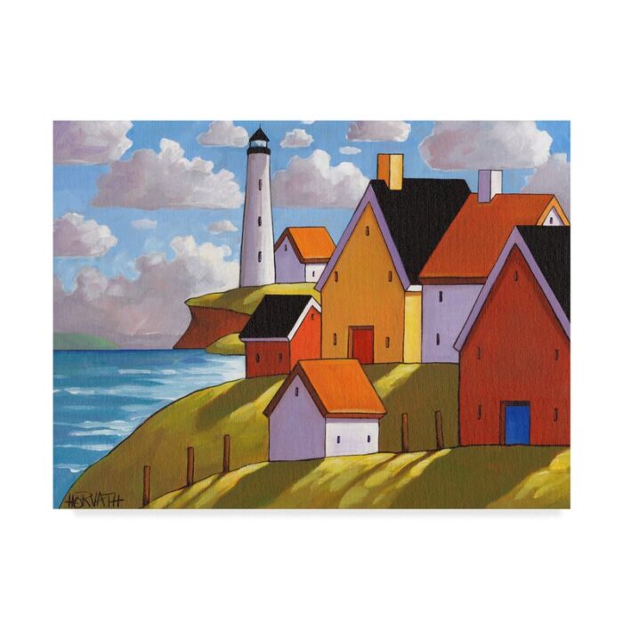 Lighthouse Cottage Hillside View’ Acrylic Painting Print on Wrapped Canvas - Chic Decora