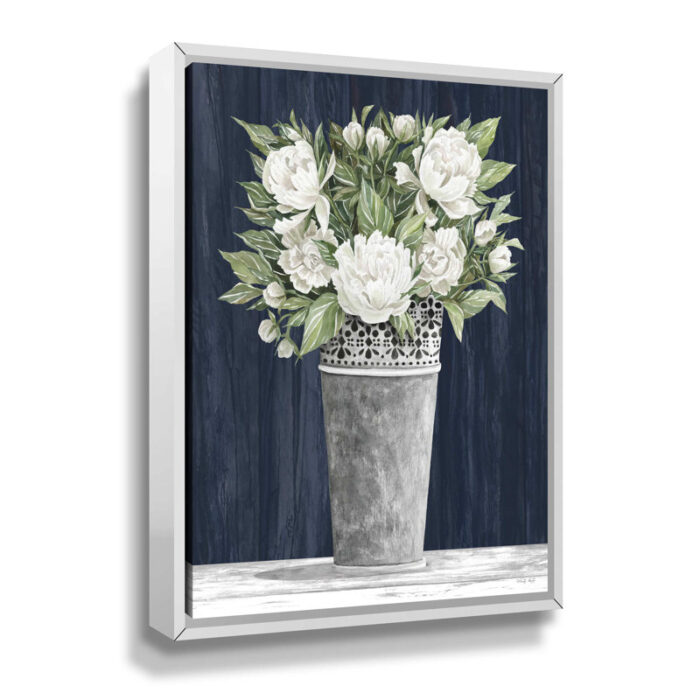 Punched Tin White Floral’ by Cindy Jacobs, White & Blue Floral Fine Art Gallery Canvas Print - Chic Decora