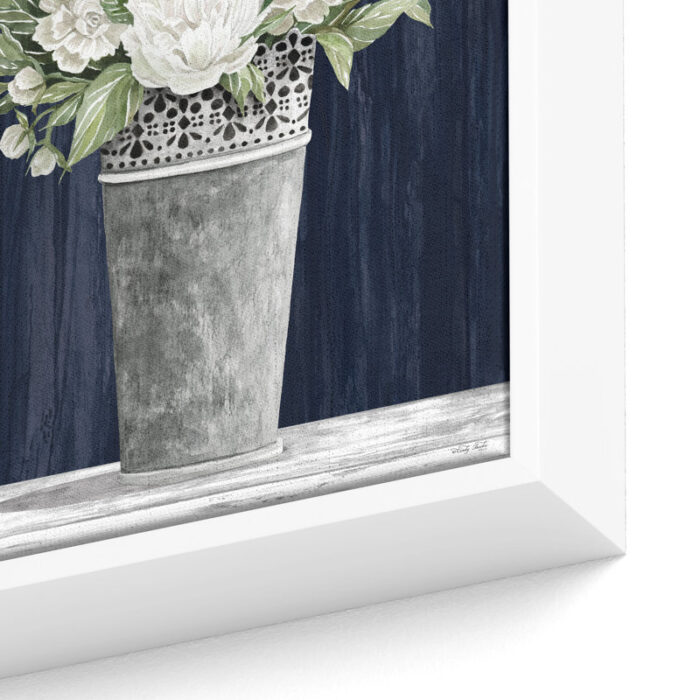 Punched Tin White Floral’ by Cindy Jacobs, White & Blue Floral Fine Art Gallery Canvas Print - Chic Decora