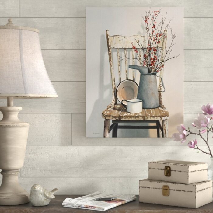 Watering Can on Chair’ by Cecile Baird Print on Canvas - Chic Decora