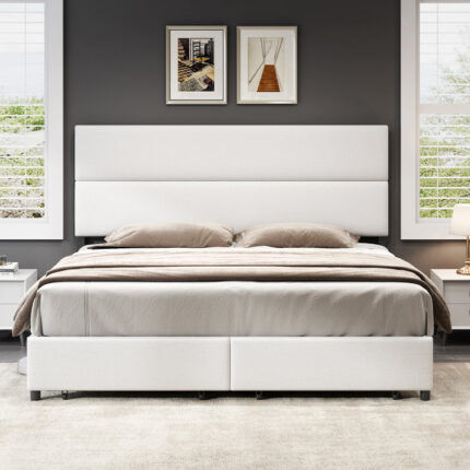 47.6″ Linen Upholstered Bed Frame With Height Adjustable Headboard & 2 Drawers - Chic Decora