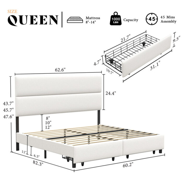 47.6″ Linen Upholstered Bed Frame With Height Adjustable Headboard & 2 Drawers - Chic Decora