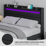 50in High Linen Upholstered Bed Frame With LED Light and Charging Station - Chic Decora