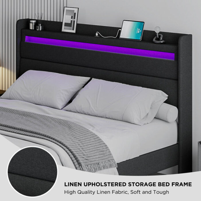 50in High Linen Upholstered Bed Frame With LED Light and Charging Station - Chic Decora