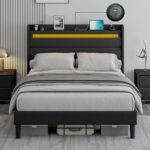 50in High Linen Upholstered Bed Frame With LED Light and Charging Station - Chic Decora