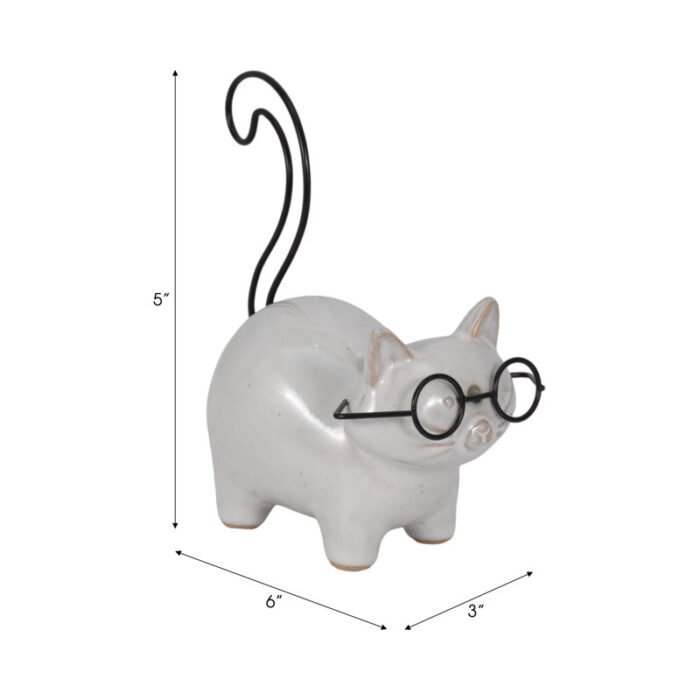 6″ Ceramic Kitten with Glasses Figurine, Contemporary White and Black Standing Cat Decorative Accent - Chic Decora