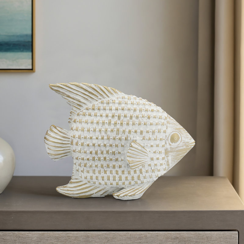 7″ Ceramic Standing Fish Statue Contemporary White and Gold Fish Figurine Decorative Accent Coastal - Chic Decora