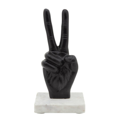 9″ Metal Peace Sign Sculpture Hand Peace Sign Statue on White Marble Base - Chic Decora