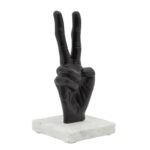 9″ Metal Peace Sign Sculpture Hand Peace Sign Statue on White Marble Base - Chic Decora