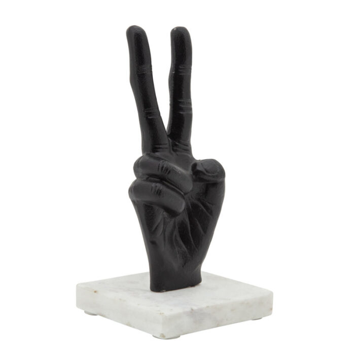 9″ Metal Peace Sign Sculpture Hand Peace Sign Statue on White Marble Base - Chic Decora