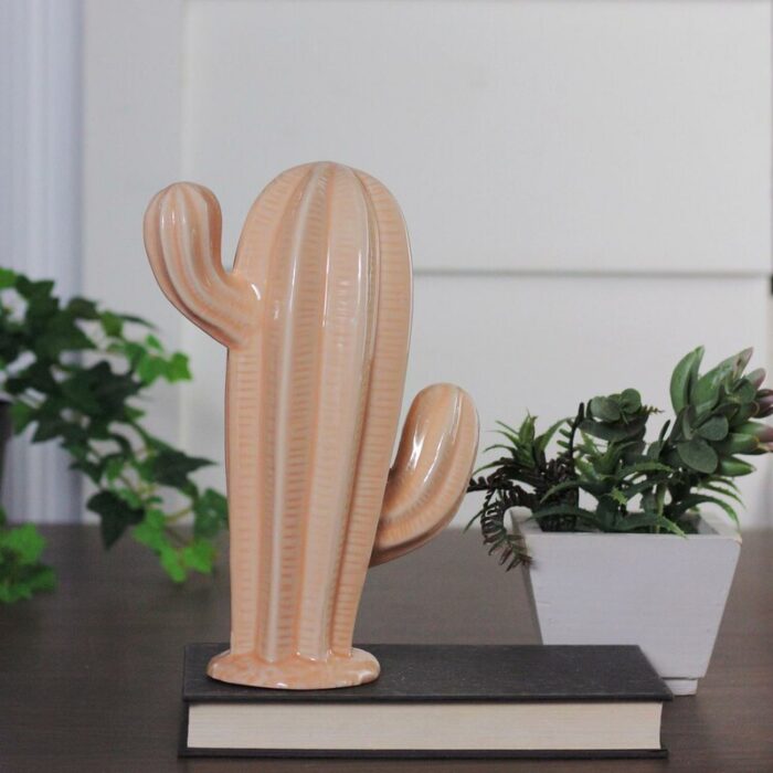 9″ Peach Contemporary Textured Stripe Cactus Tabletop Decor - Chic Decora