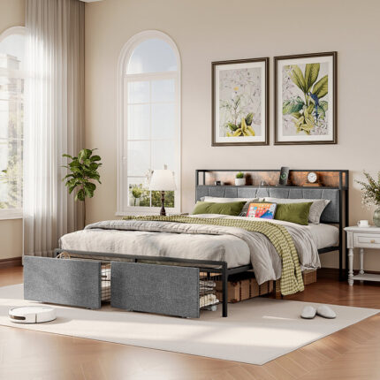 Aabia Upholstered Bed Frame with 2 Storage Drawers, Storage Headboard with Charging Station - Chic Decora