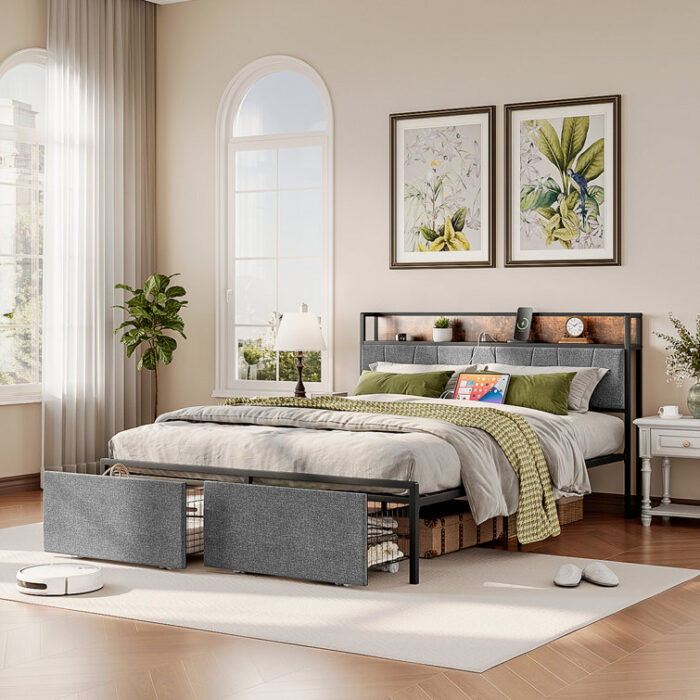 Aabia Upholstered Bed Frame with 2 Storage Drawers, Storage Headboard with Charging Station - Chic Decora