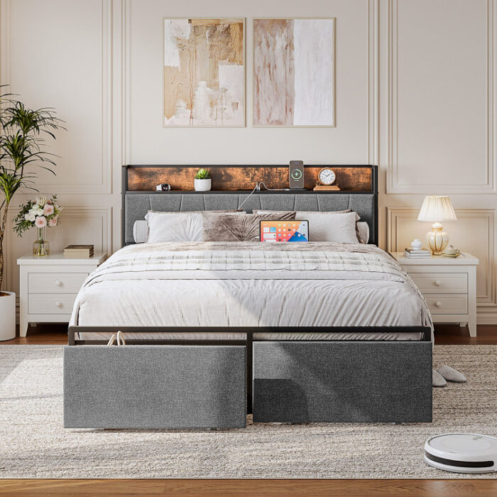 Aabia Upholstered Bed Frame with 2 Storage Drawers, Storage Headboard with Charging Station - Chic Decora