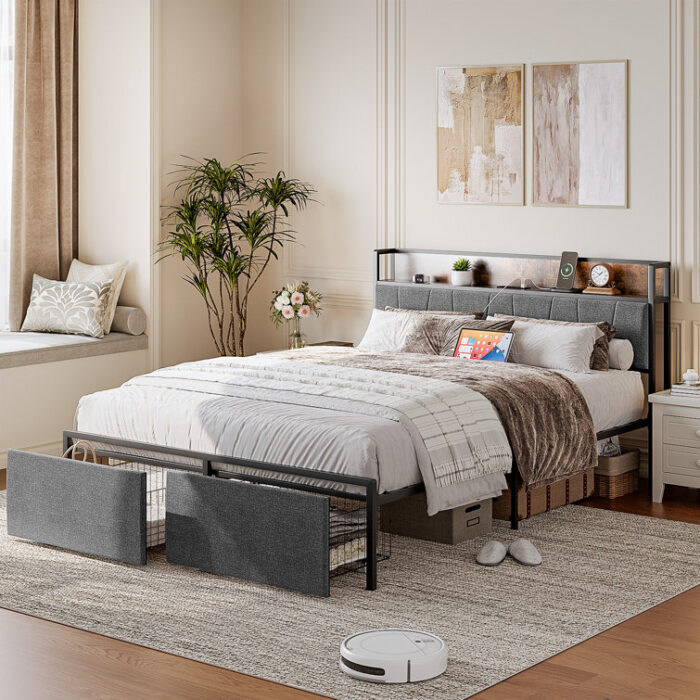 Aabia Upholstered Bed Frame with 2 Storage Drawers, Storage Headboard with Charging Station - Chic Decora