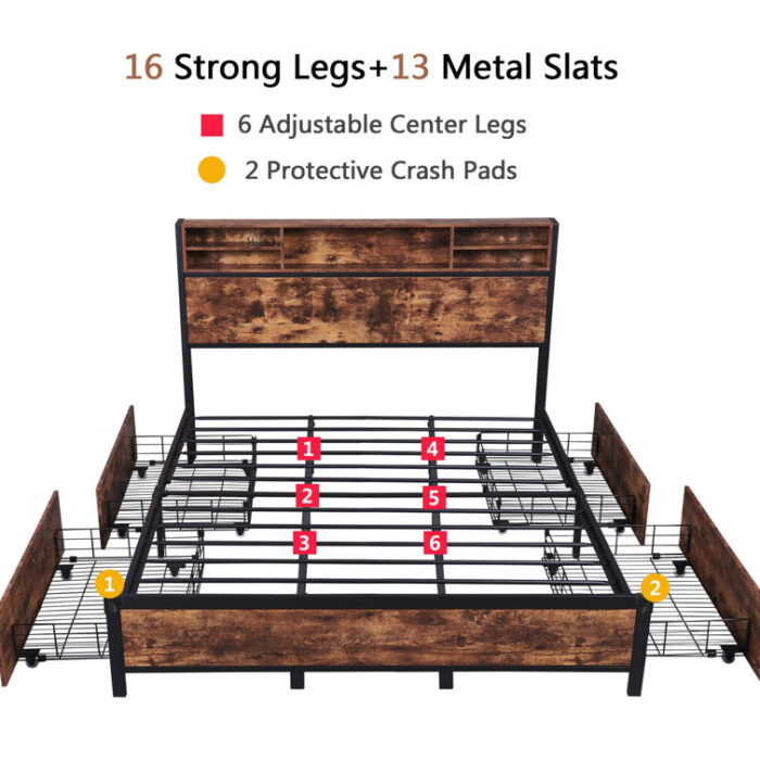 Adriaan Bookcase Storage Bed, King Metal Platform Bed Frame with Headboard and 4 Storage Drawers - Chic Decora