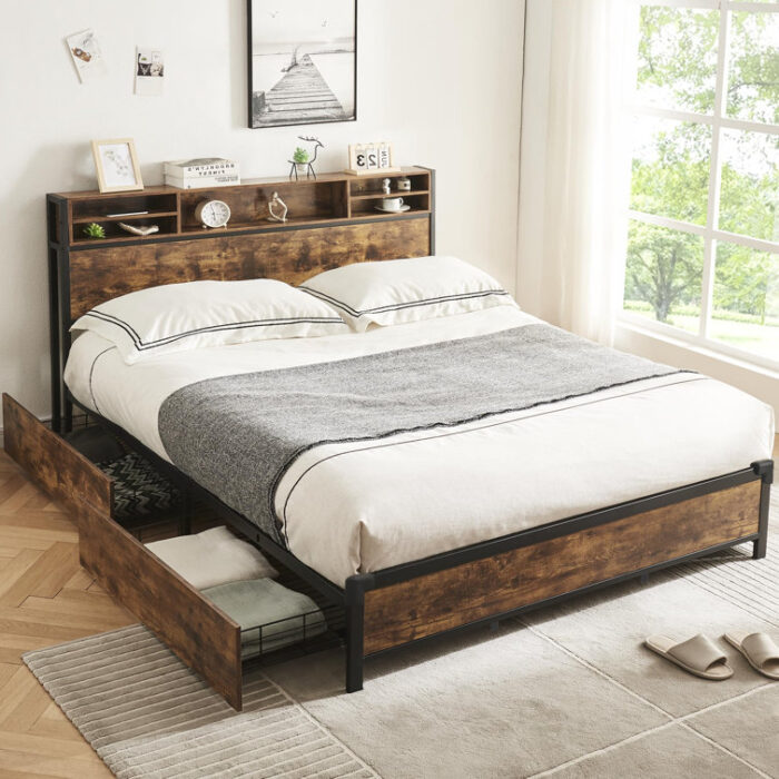 Adriaan Bookcase Storage Bed, King Metal Platform Bed Frame with Headboard and 4 Storage Drawers - Chic Decora