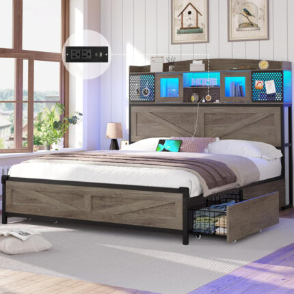 Aino Bed Bed Frame with Shelf Headboard & 4 Drawers Modern Bed with Outlet & LED Light - Chic Decora