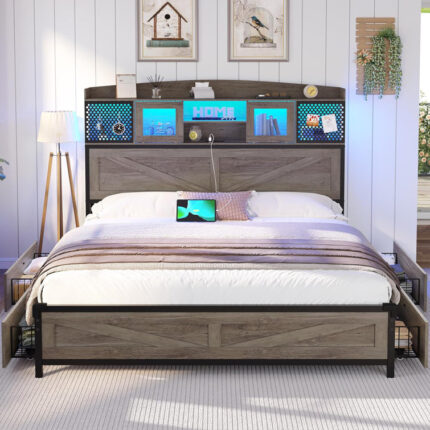 Aino Bed Bed Frame with Shelf Headboard & 4 Drawers Modern Bed with Outlet & LED Light - Chic Decora