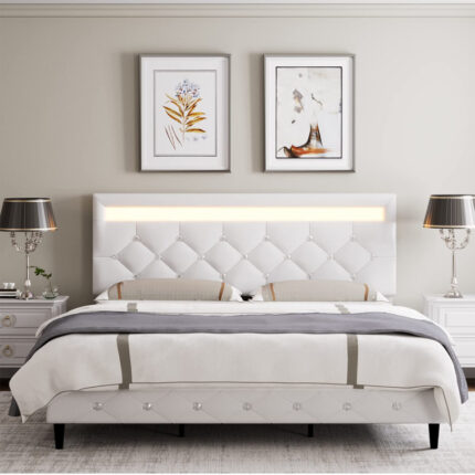 Alanta Tufted Upholstered Platform Bed Frame, LED Bed with Adjustable Headboard - Chic Decora