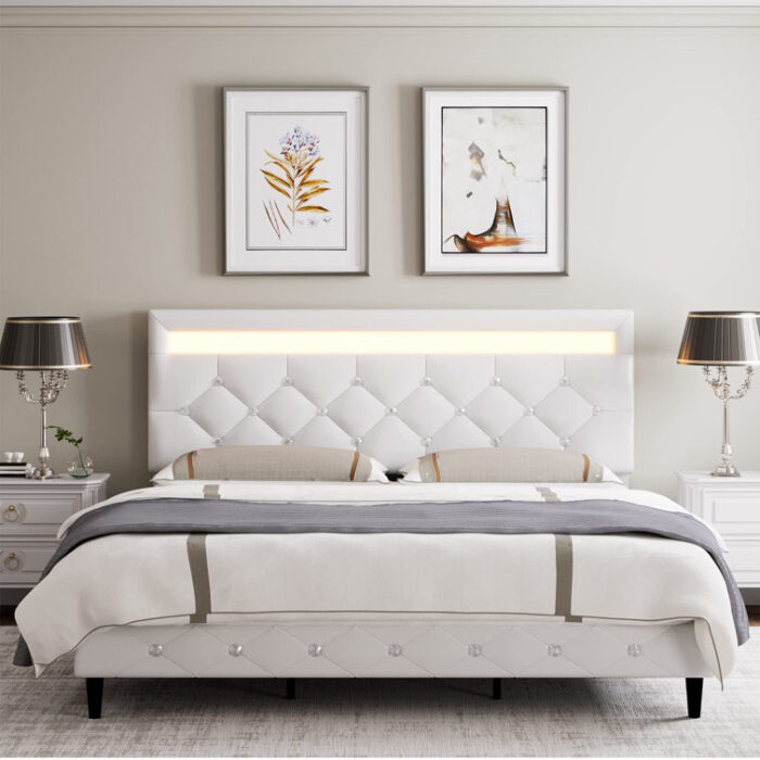 Alanta Tufted Upholstered Platform Bed Frame, LED Bed with Adjustable Headboard - Chic Decora