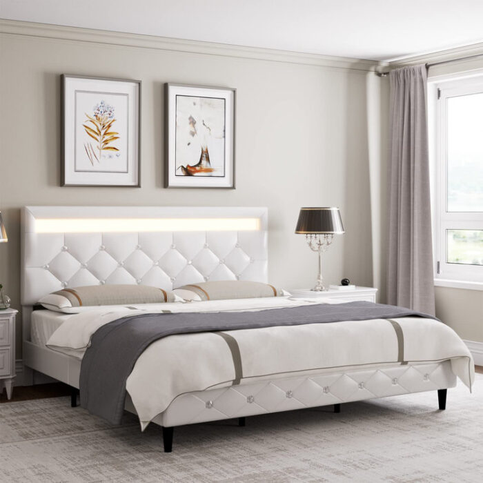 Alanta Tufted Upholstered Platform Bed Frame, LED Bed with Adjustable Headboard - Chic Decora