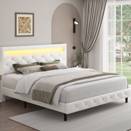 Alanta Tufted Upholstered Platform Bed Frame, LED Bed with Adjustable Headboard - Chic Decora