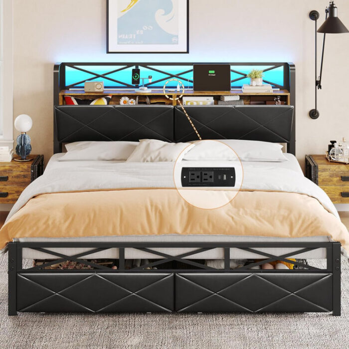 Alekh Vegan Leather Metal Platform Storage Bed - Chic Decora