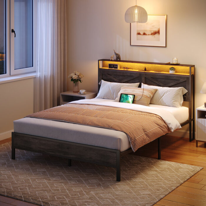 Alverstone Metal Bed Frame with Headboard and Charging Station - Chic Decora