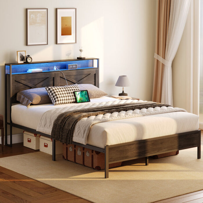 Alverstone Metal Bed Frame with Headboard and Charging Station - Chic Decora