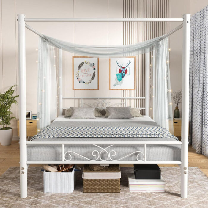 Amanjeet Metal Canopy Bed with Headboard and Footboard White - Chic Decora