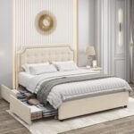 Ambir Upholstered Storage Bed with 4 Drawers, Platform Bed Frame with Adjustable Tufted Headboard - Chic Decora