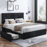 Andam Linen Upholstered Standard Bed, 4 Drawer Storage Platform Bed - Chic Decora