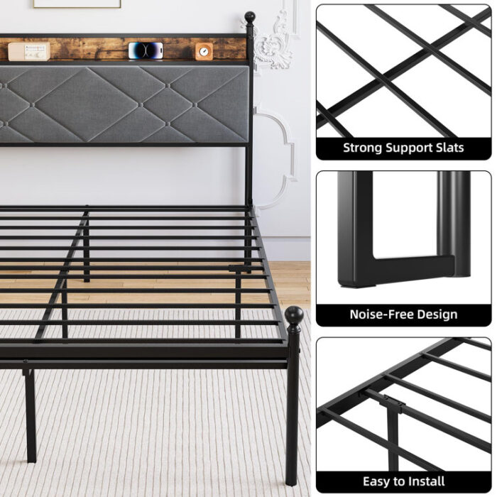 Aneres Upholstered Metal Slat Bed - Chic Decora