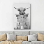 Animals Funny Bathroom Decor Black and White Highland Cow Sit On Toilet Large Framed Canvas Print Wall Art - Chic Decora