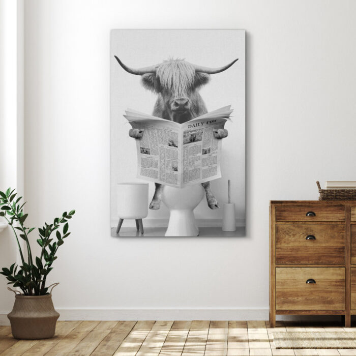 Animals Funny Bathroom Decor Black and White Highland Cow Sit On Toilet Large Framed Canvas Print Wall Art - Chic Decora