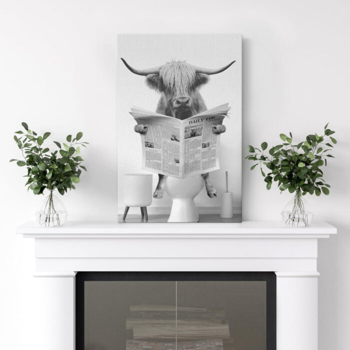 Animals Funny Bathroom Decor Black and White Highland Cow Sit On Toilet Large Framed Canvas Print Wall Art - Chic Decora