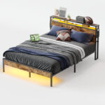 Annice Bed Frame Metal Platform Bed with Wood Storage Headboard LED Lights and Charging Station - Chic Decora